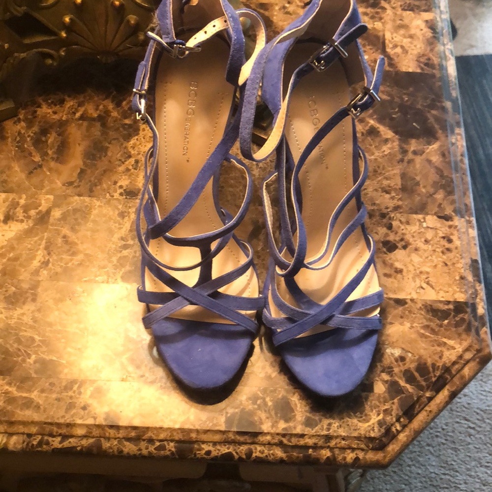 Blue strappy sandals with 4 and half inch heels